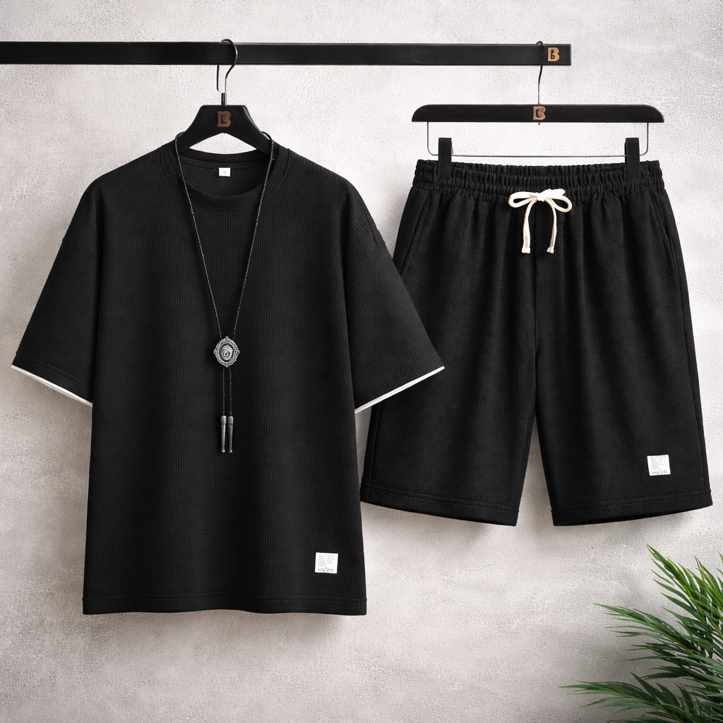 Black Waffle Lounge Set Men